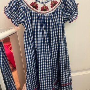Blue and White Gingham Kids Dress with Floral Embroidery
